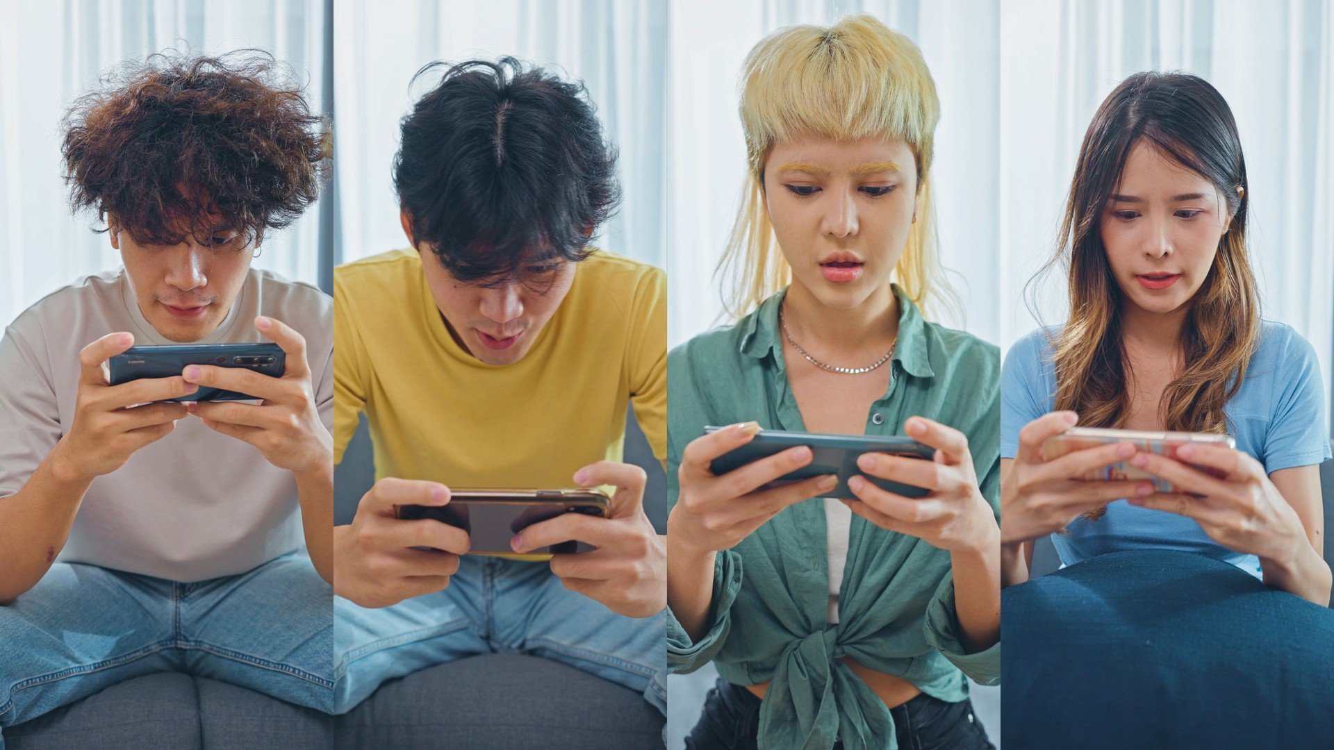 Multiple Screen group of Success people  having fun  while playing games in smartphone