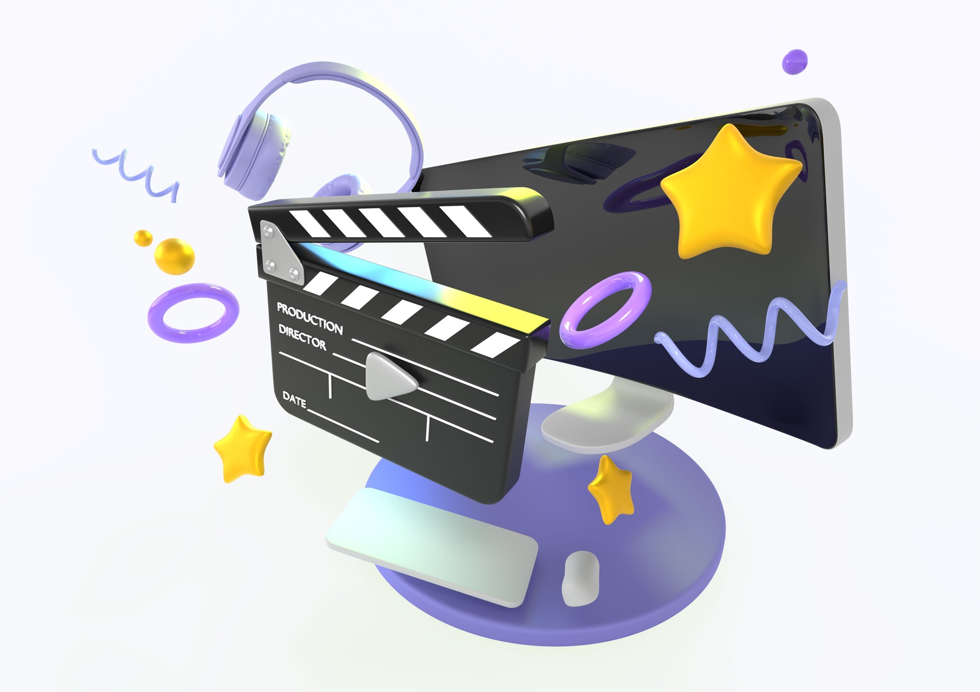 Online cinema cartoon banner. Streaming video service for watching movies with computer, clapperboard, earphones, spirals, stars, spheres and rings on white background, angle view
