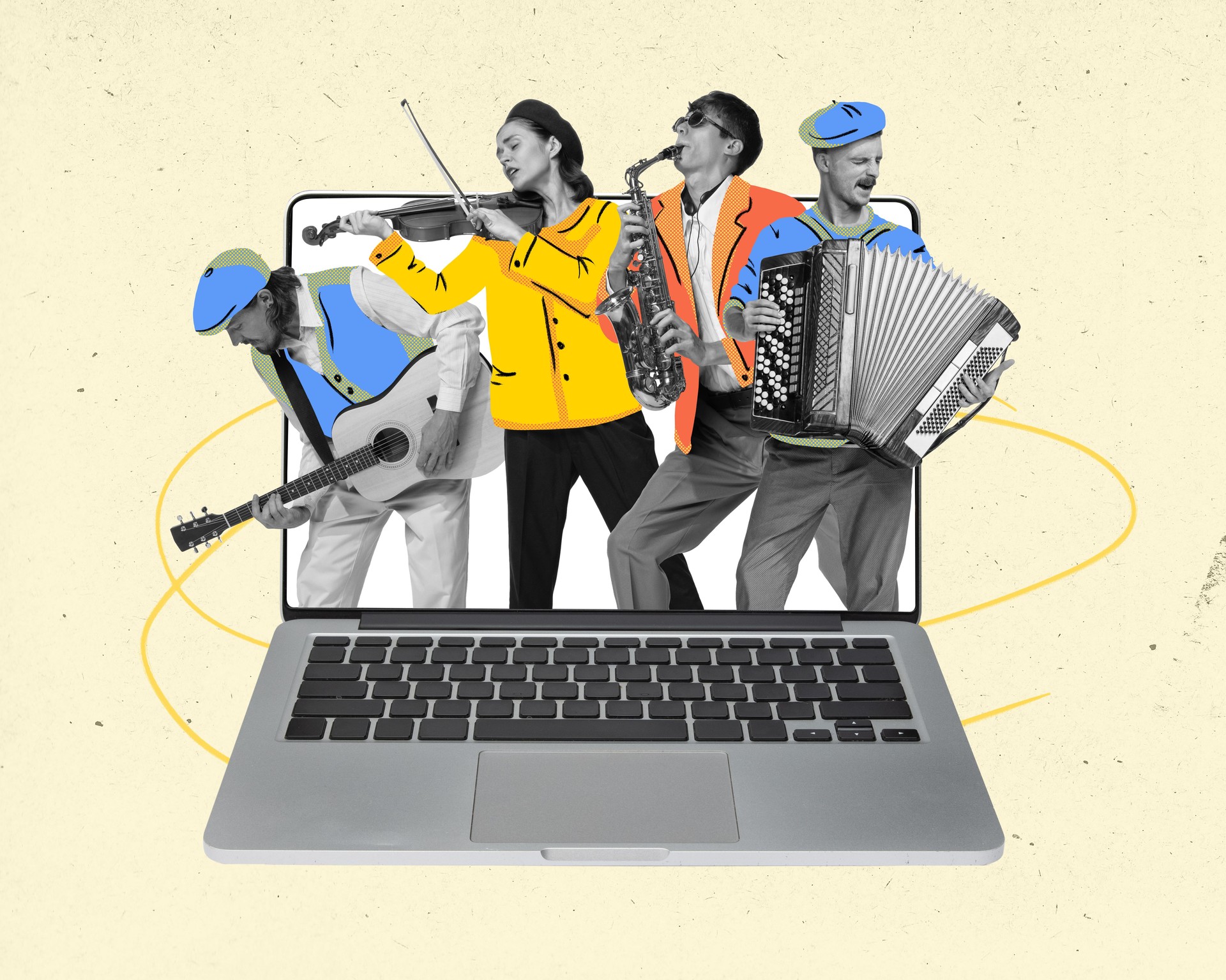 Contemporary art collage. Young people, musicians standing inside laptop and playing on different instruments. Online cultural events.