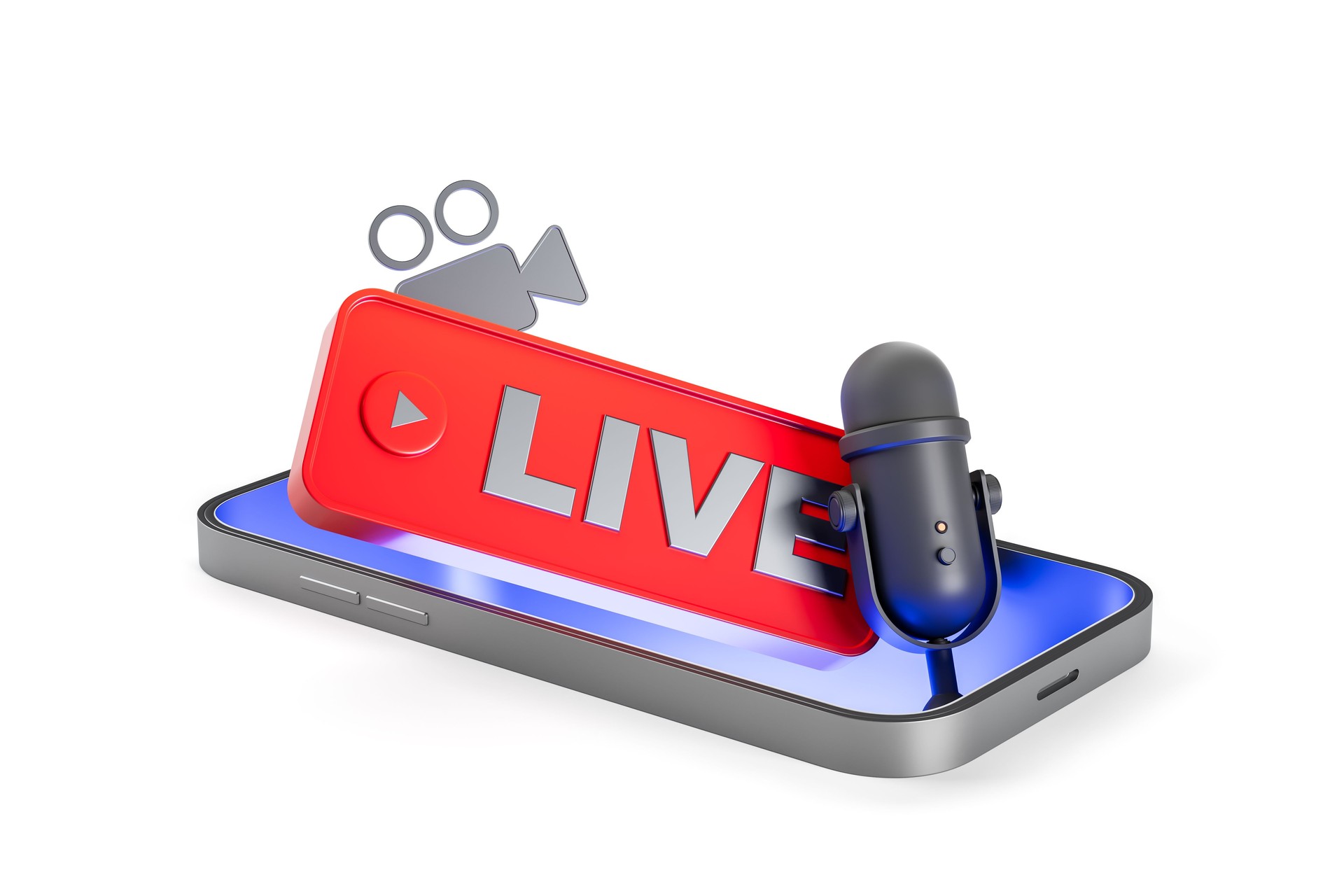 Live streaming concept with microphone, camera icon, and live button emerging from smartphone screen on white background. 3D Rendering. 3D Rendering