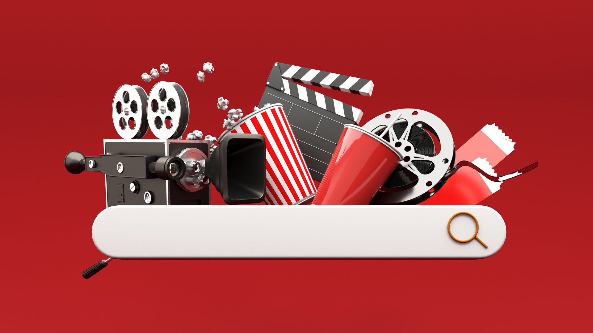 3D render of film industry elements - camera, tickets, popcorn, cinema chair. Background for advertising cinema, online viewing, video broadcasts.