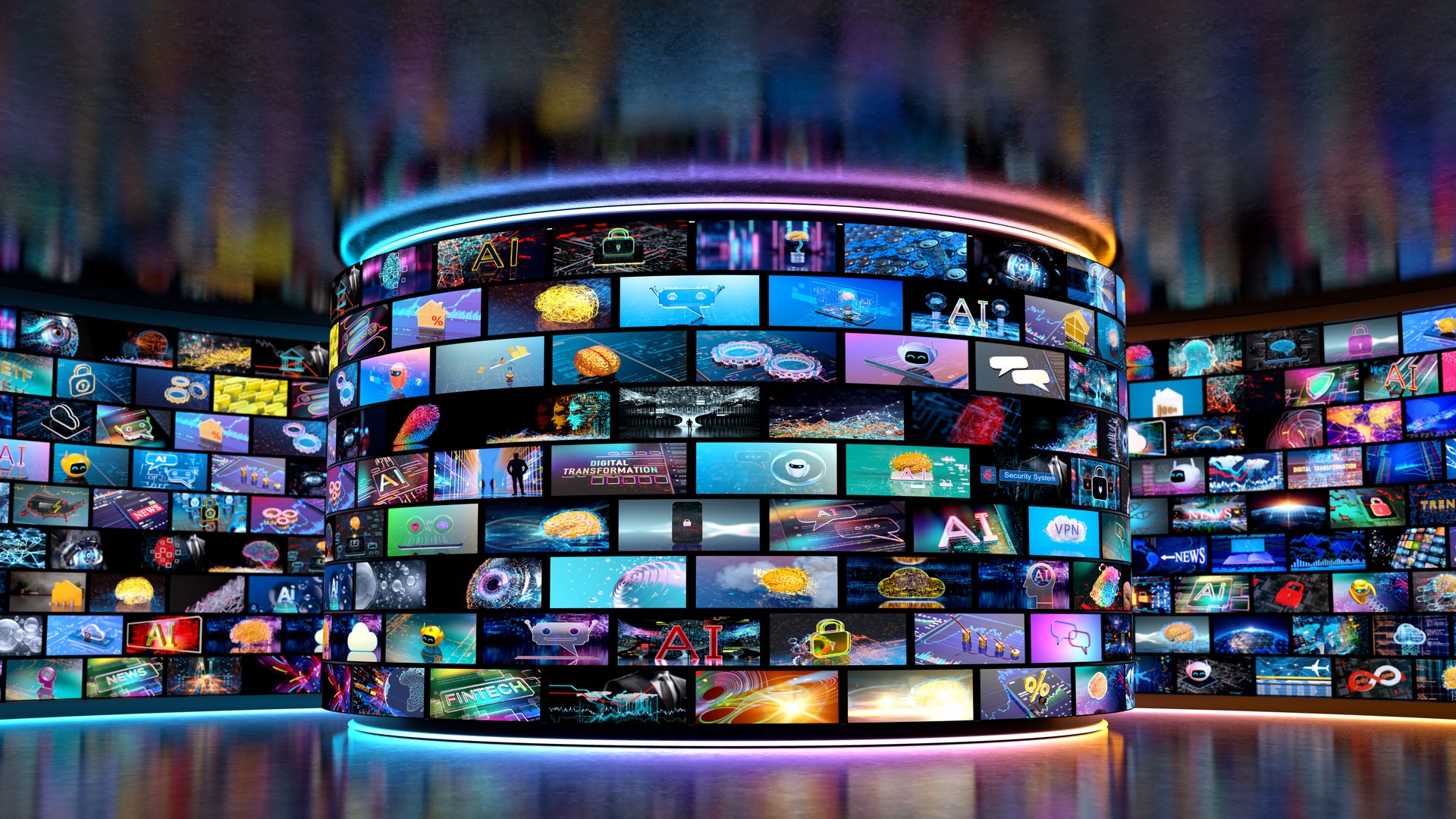 Media concept and TV  -  video wall with small screens. . Digital multiple television screens